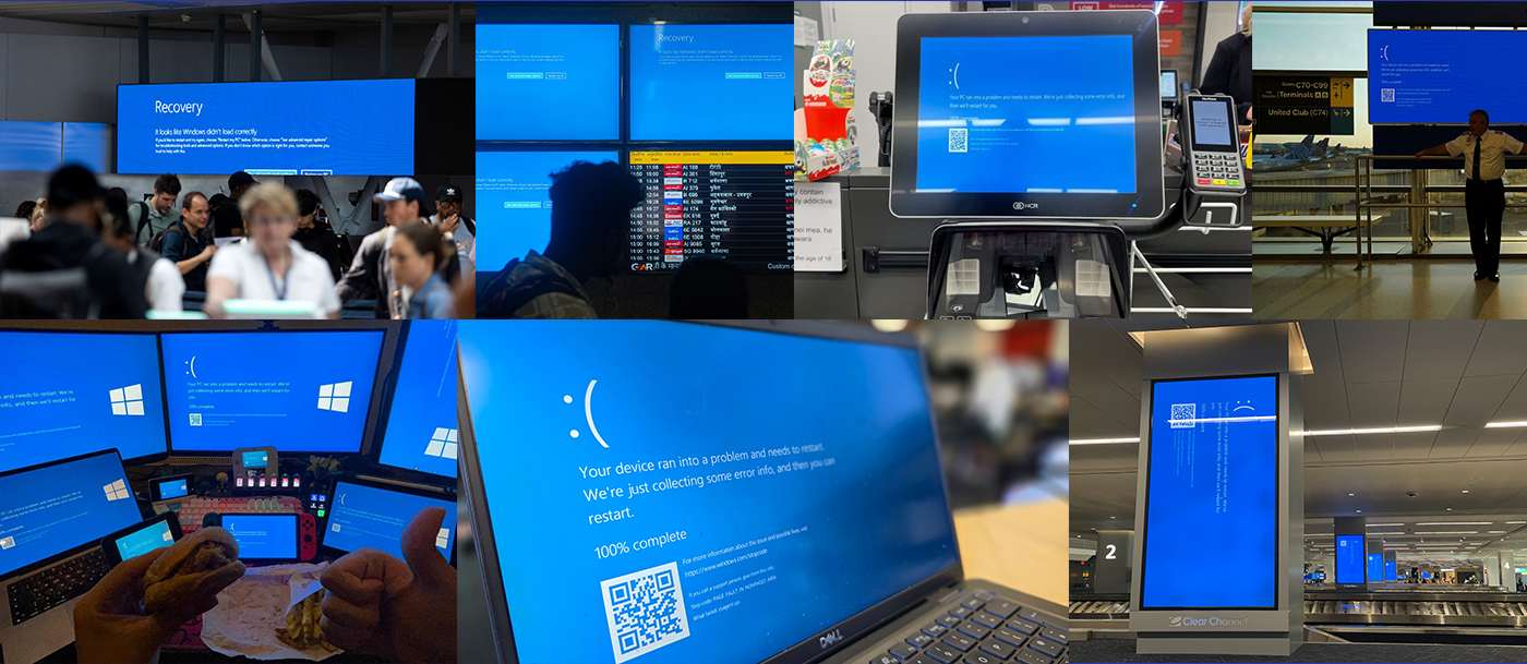 Digital airport check-in kiosks and flight information screens at an airport.
