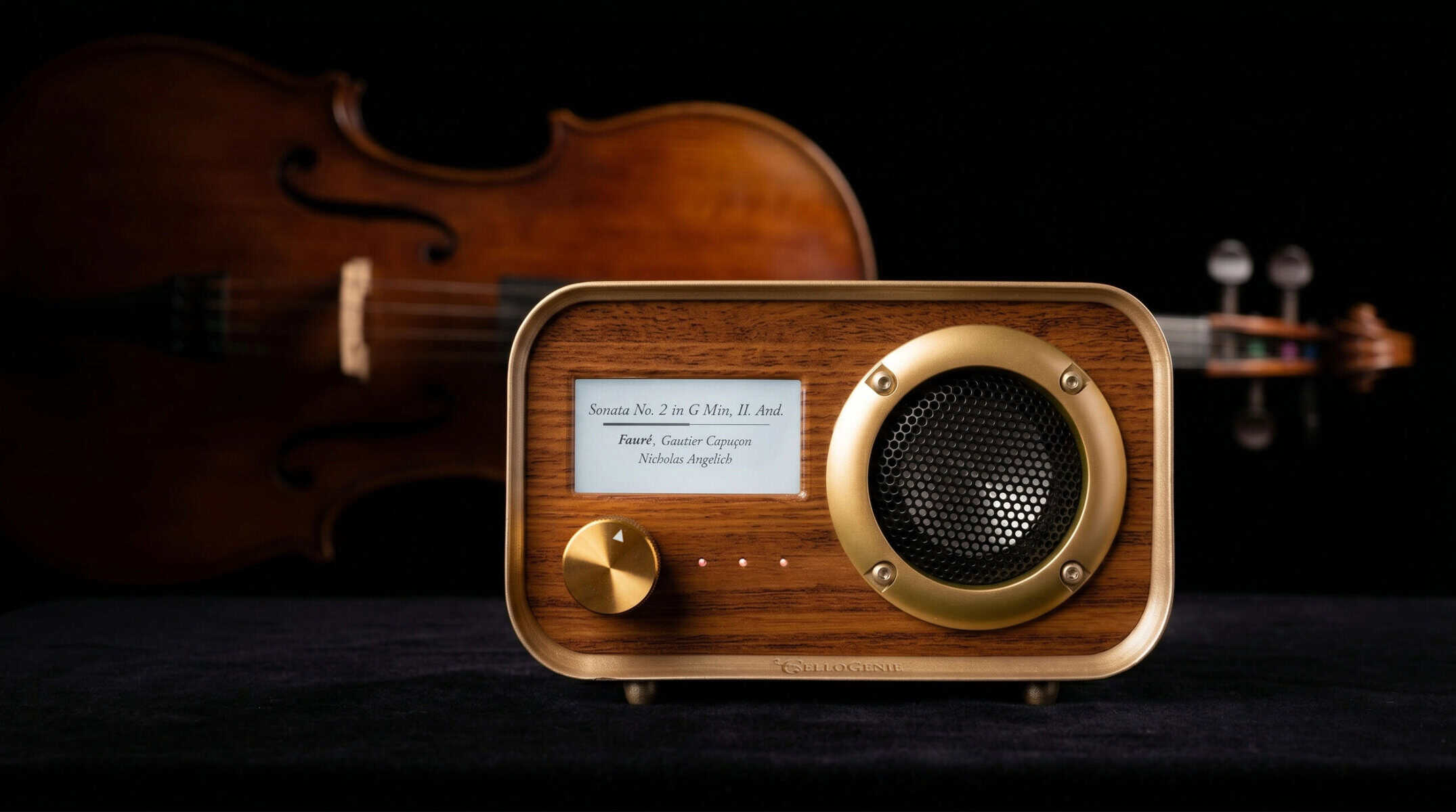 Vintage wooden speaker with a violin in the background, showcasing high-quality audio equipment.