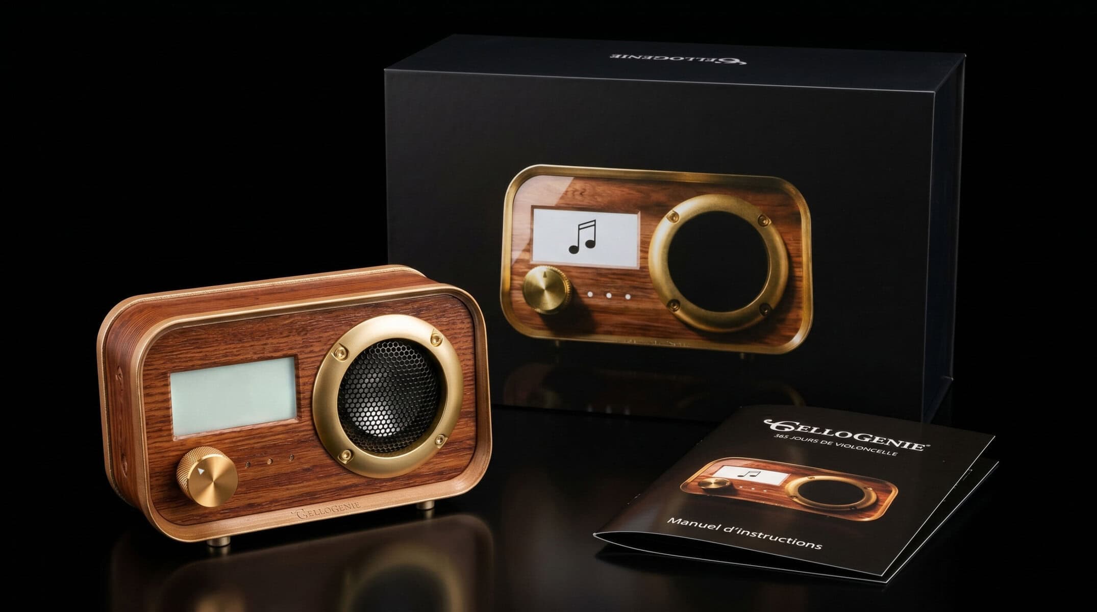 Wooden Bluetooth speaker with digital display and control knob.